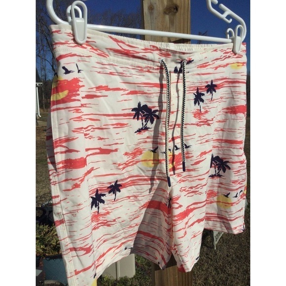 Johnnie-o Mens swim trunks size large drawstring swimming white orange palm tree - Picture 3 of 13